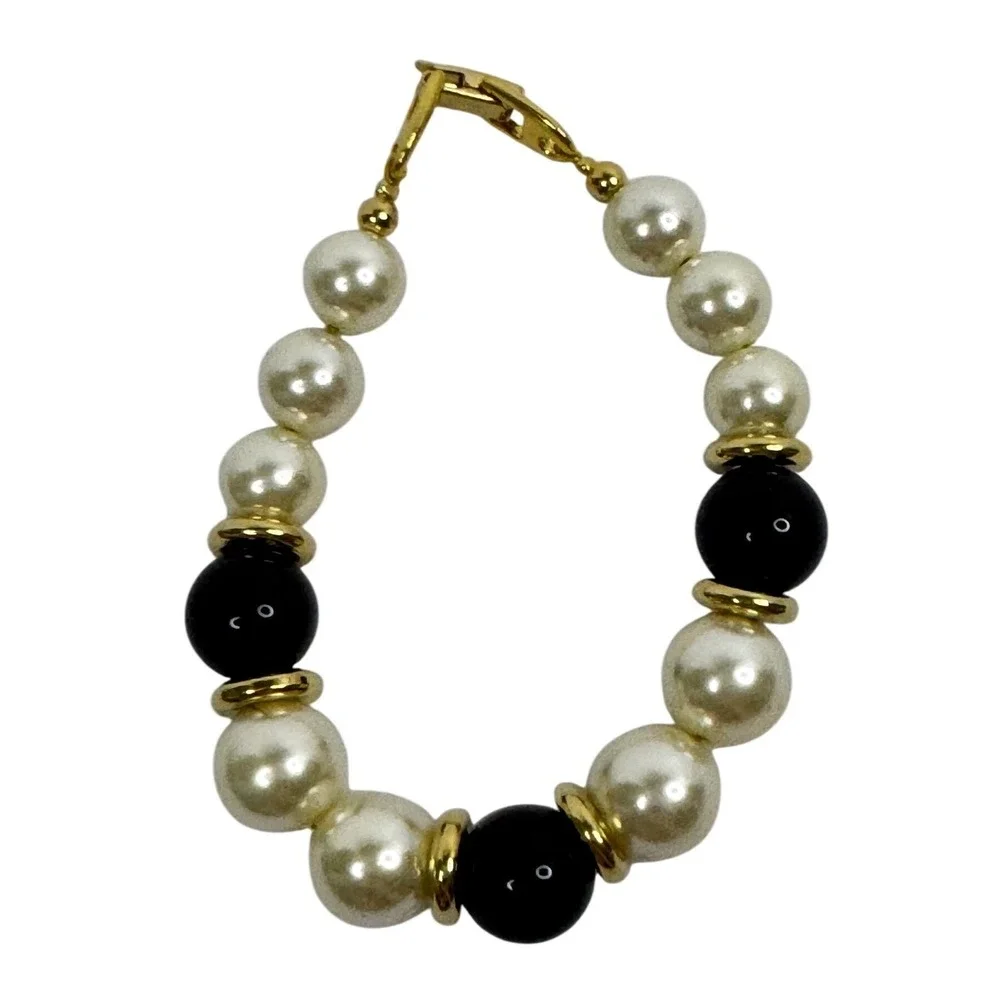 Napier Vintage Faux Pearl Black‎ Bead Bracelet Gold Tone Y2K Chunky Statement